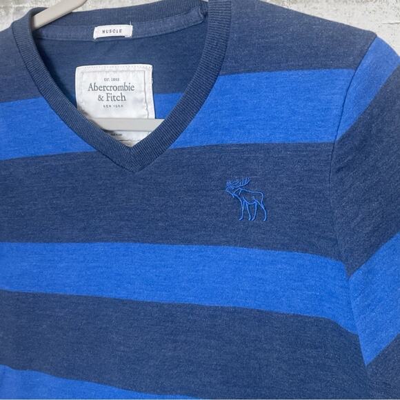 Abercrombie & Fitch Men’s Y2K Muscle V Neck Stripe Blue Moose T Shirt Size Large - Picture 2 of 7